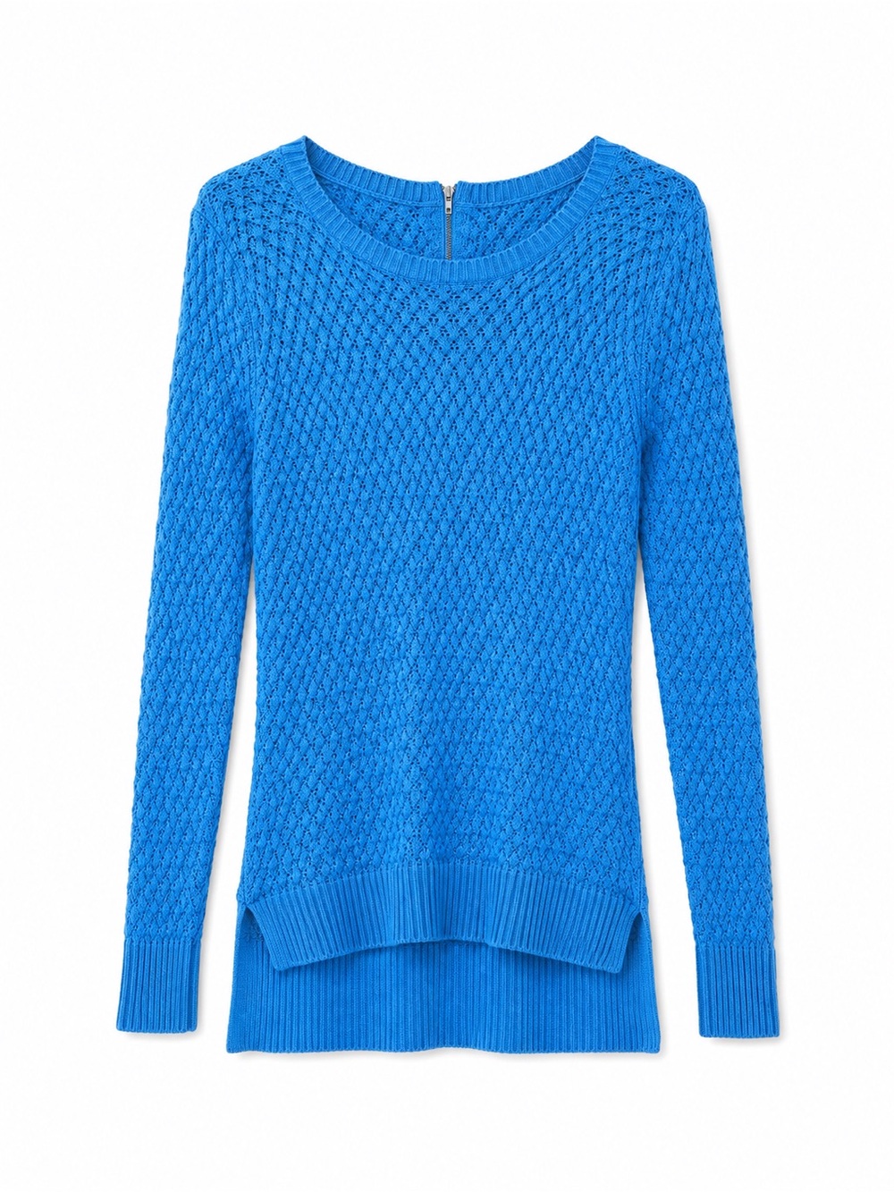 Crown & Ivy Girls Blue Textured Knit Sweater Long Sleeve Zip Back Layered Hem